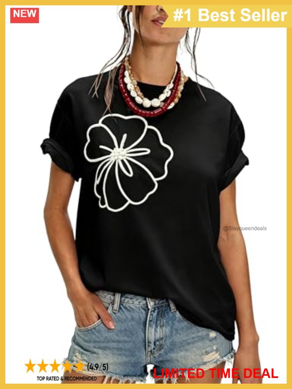 Floral Embroidered Cotton Crew Neck Short Sleeve Loose Fit Summer Tee